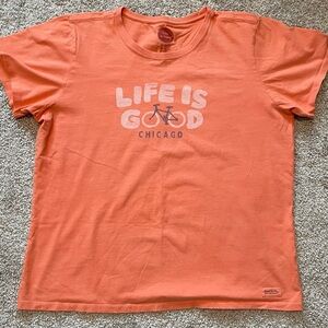 Life Is Good Short Sleeve Orange Tee with Bicycle Graphic